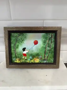 Louis Cardin Enamel On Copper Child With Red Balloon Framed