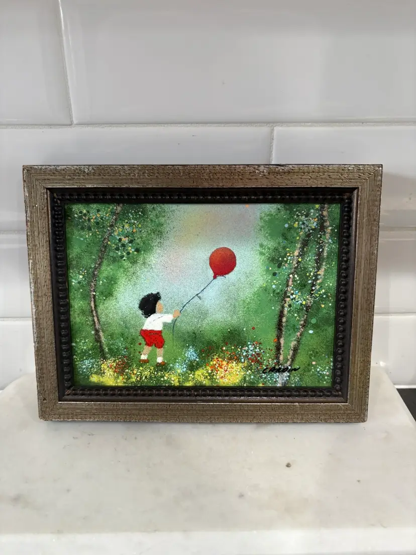 Louis Cardin Enamel On Copper Child With Red Balloon Framed