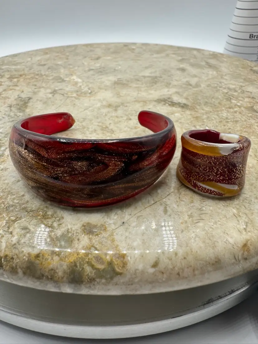 Hand Made Art Glass Bracelet & Ring Set With Neutral Colors & Gold Sparkle.