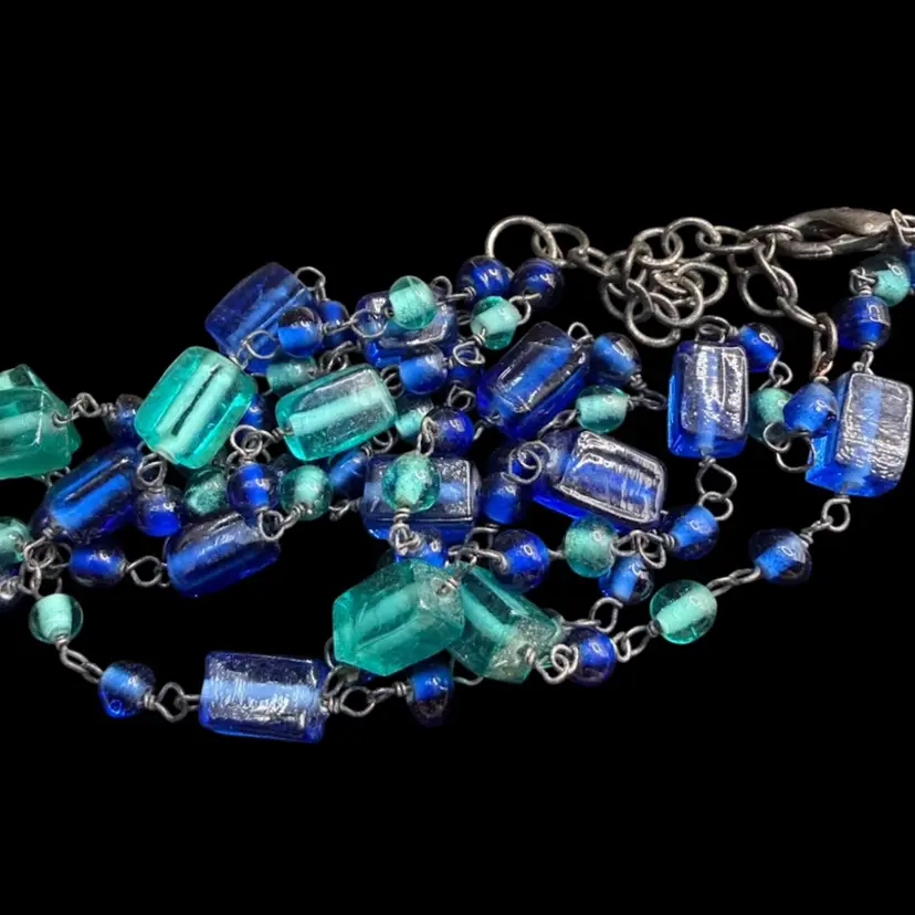 Vintage Glass Beaded Necklace Blue Green