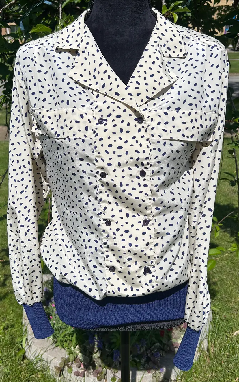 Vintage Castlebury Beige Pullover Navy Blue Spot Polyester Blouse Large