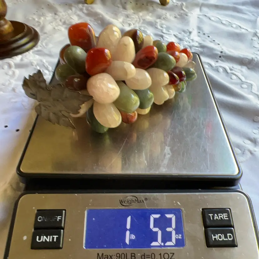 Large Vintage Semi-Precious Multi-Colored Polished Stones 6" Grape Cluster w/Metal Leaf