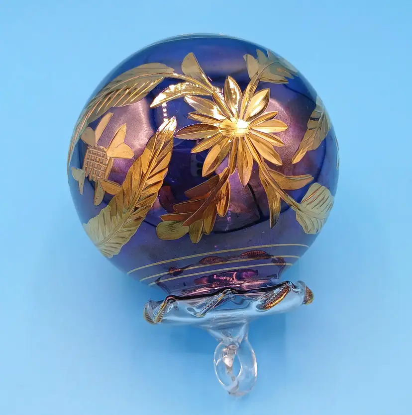 Hand Blown Amethyst Glass Orb Ornament, Egyptian Style with Gold Accents