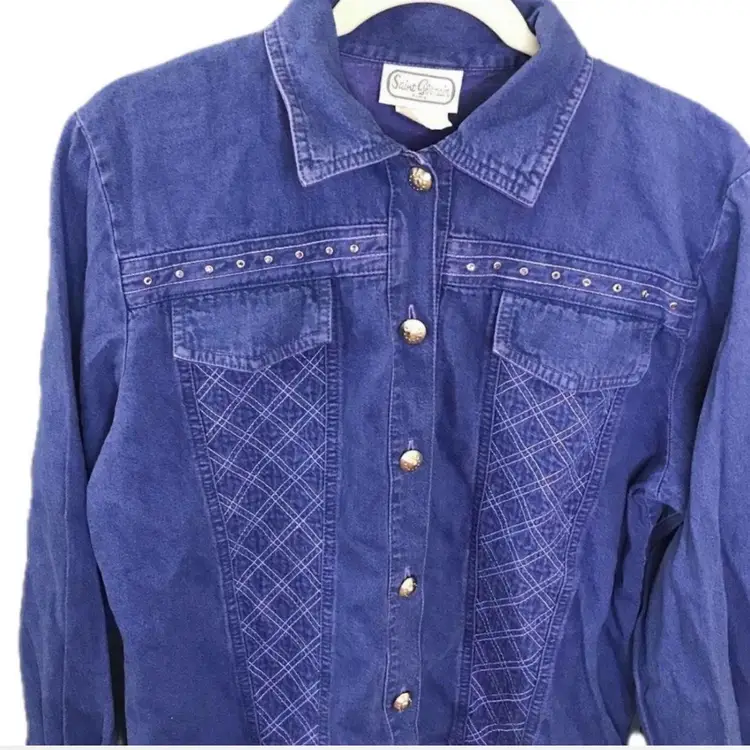 Vintage Bluish Purple Rhinestone Studded Jean Jacket Sz Medium Punk Western Y2K