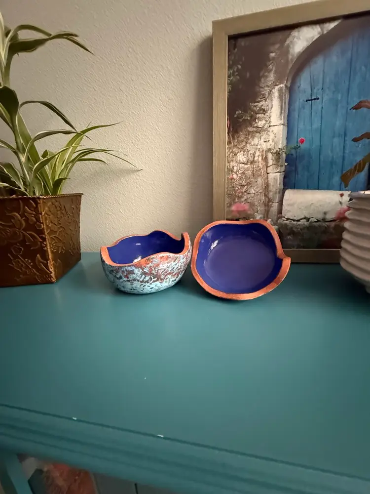 Signed Folk Art hand-crafted and painted red clay (terracotta) pottery Trinket Catchall Dish