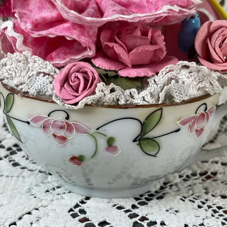 009 Spring Time Assemblage Vintage Pink Enamel Teacup Base Dolly Dingle Paper Doll Birdhouse 5" X 6"