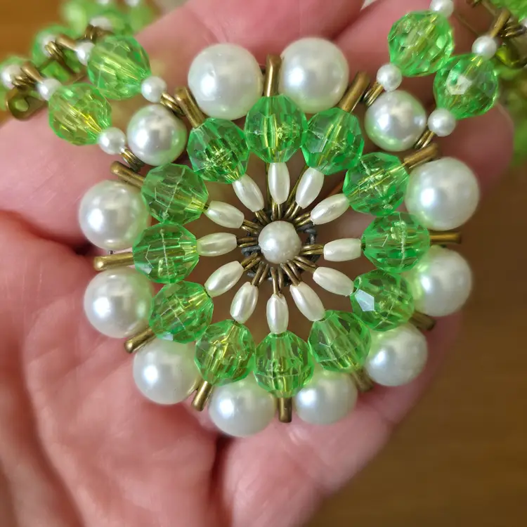 Vintage Green Acrylic Bead Safety Pin Necklace Faux Pearl Pendant
