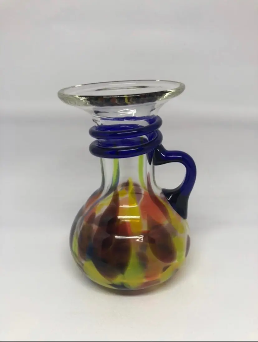Hand-Blown Art Glass Colorful Spatter Confetti Pitcher Vase with Applied Handle