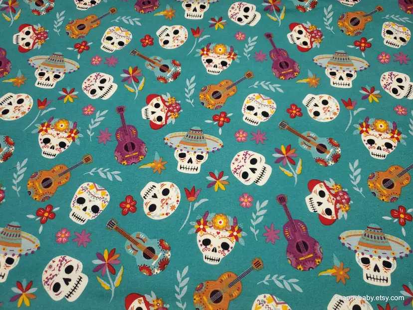Day of the Dead Skeleton Faces Flannel Fabric Remnant - 100% Cotton - Choose Size - Soft Craft & Quilting Fabric
