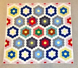 Handmade Grandmother Flower Quilt Hexagonal Pattern White Border Lap Blanket