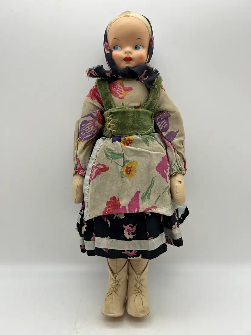 Vintage 14” Polish Cloth Sawdust Doll Celluloid Plastic Head Hand Painted Face