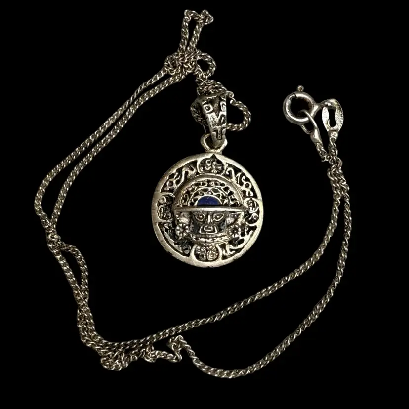 .950 Silver Peruvian Healing God Tumi Pendant With Lápiz Lazuli Inlay Stone On 16” .950 Silver Necklace