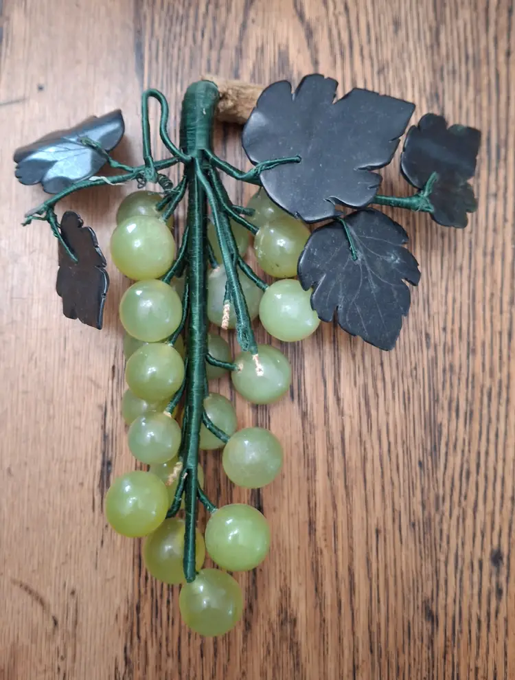 Vintage Stone Grape Cluster with Carved Stone Leaves