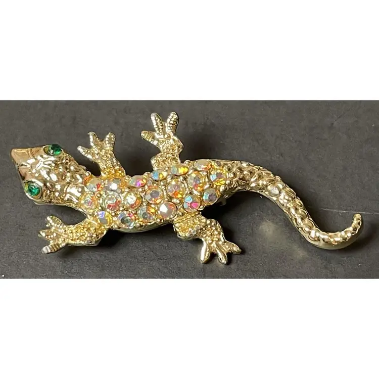 VINTAGE LIZARD BROOCH Aurora Borealis AB Rhinestone Salamander Animal Gold Tone