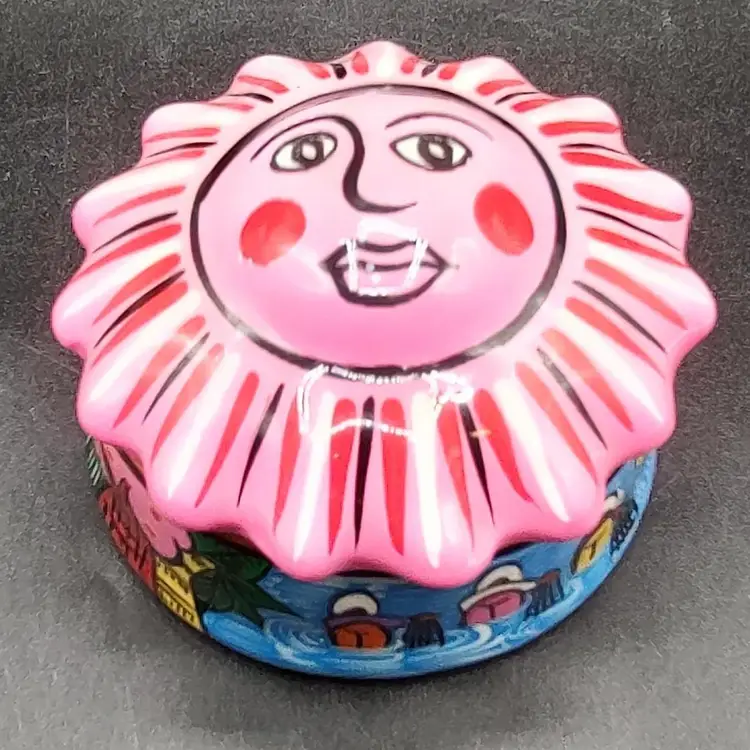 Mexican Talavera Pottery Sun Face Trinket Jewelry Box Signed By Artist