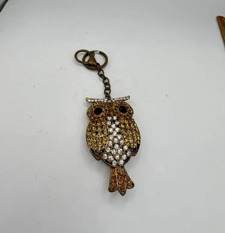 Amber Rhinestone With Black Rhinestone Eyes Owl Key Chain Pitch Charm Coppertone