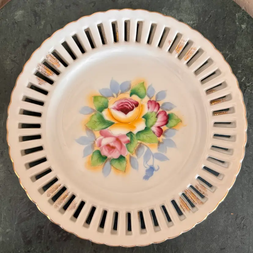 Vintage Porcelain Gold Detailed Rose Decorative Plate