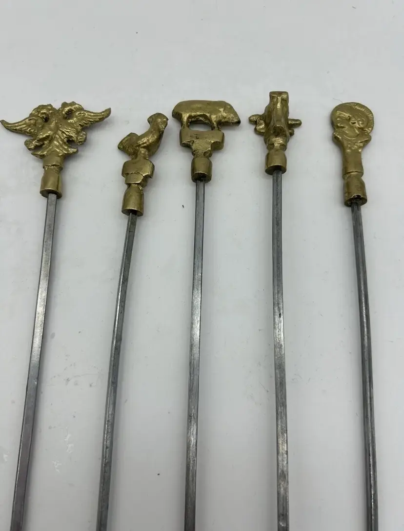 Vintage Set of 5 Turkish Shish Kebab Skewers 12" Stainless Steel Brass
