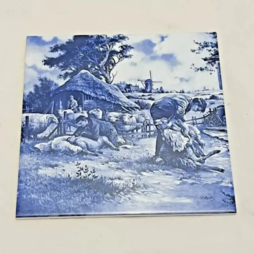 Delft Blue Ceramic Tile "Sheep Shearing" Made in Holland by J.C.V. Hunnik 6"x 6"