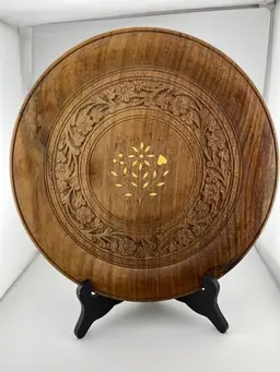 #01 Carved Wooden Platter with Blonde Colored Floral Inlay
