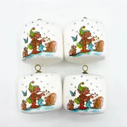 Vintage Pyramid Satin Sheen Christmas Ornaments Elf Print White Set of 4 2"