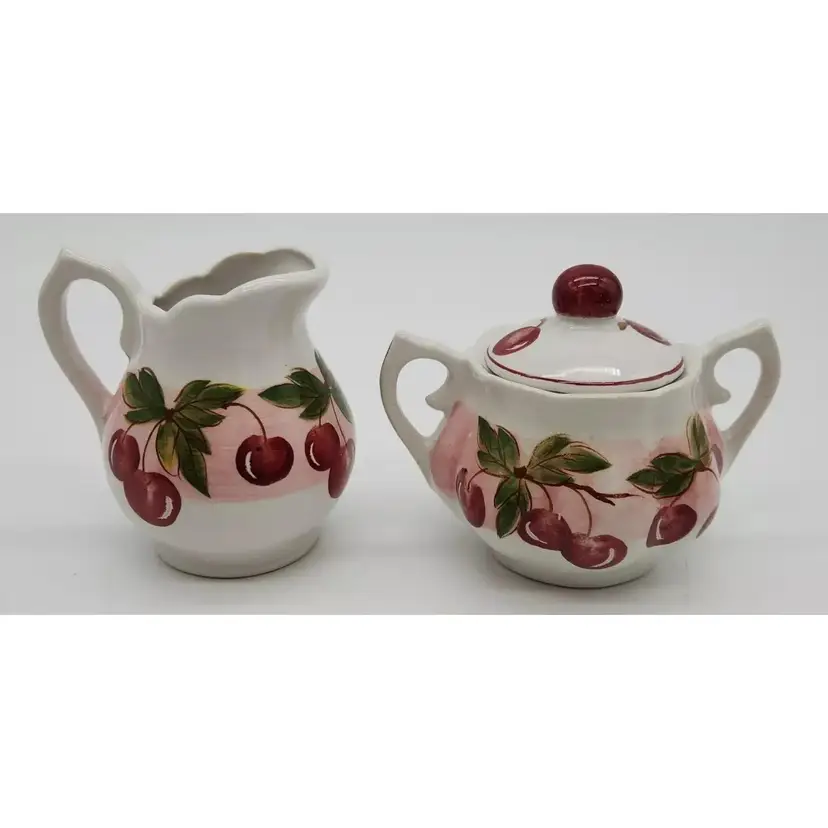 Petite Cream and Covered Sugar Handpainted CHERRIES 🍒 Pink White Sweet @ 3"H