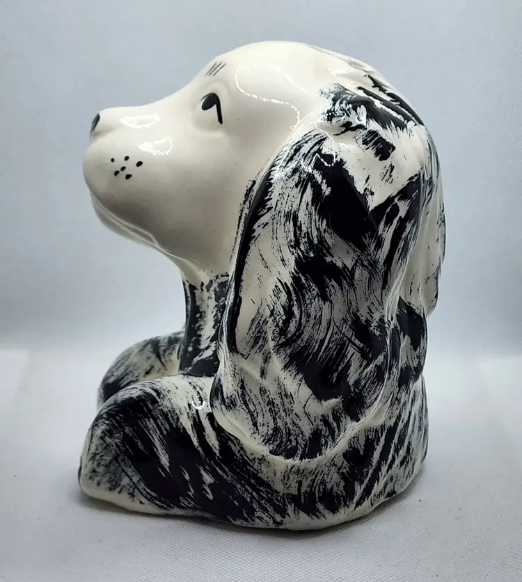 Vintage Pottery Cocker Spaniel Dog Coin Bank American Bisque Copely White Black