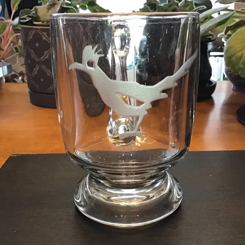 Clear Glass Etched Road Runner Coffee Tea Mug Cup