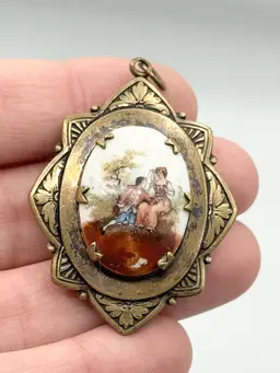 Estate porcelain courting couple porcelain locket charm pendant