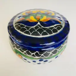 Talavera Mexico Ramos Corona Signed Colorful Cobalt Blue Lidded Trinket Dish. 2 1/8" tall and 3.25" wide.