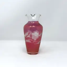 Bohemian Cranberry Flash Glass Grape Vintage Vase Etched Floral  (0027-26)