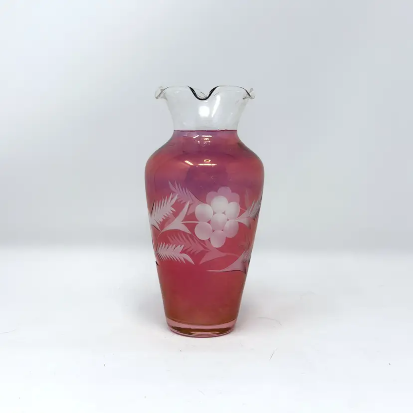 Bohemian Cranberry Flash Glass Grape Vintage Vase Etched Floral  (0027-26)