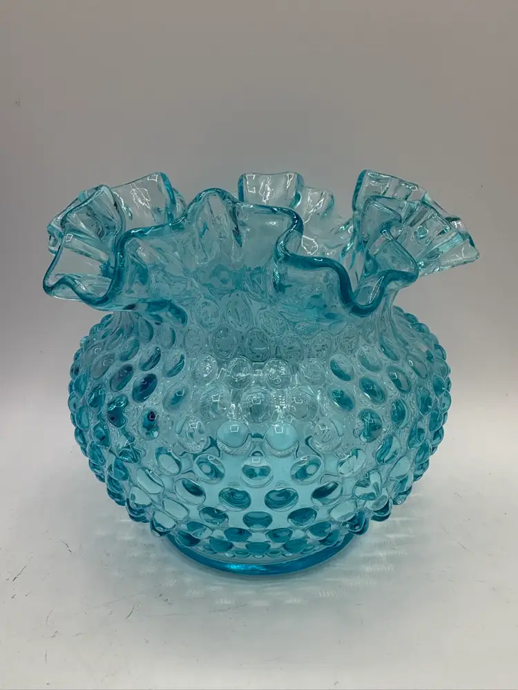 Fenton Aqua Blue Hobnail Ruffle Bowl/vase 4.5” X 5”