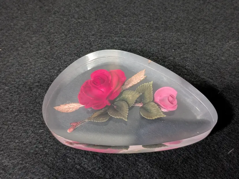 Vintage Lucite Rose Flower Paperweight Sculpture