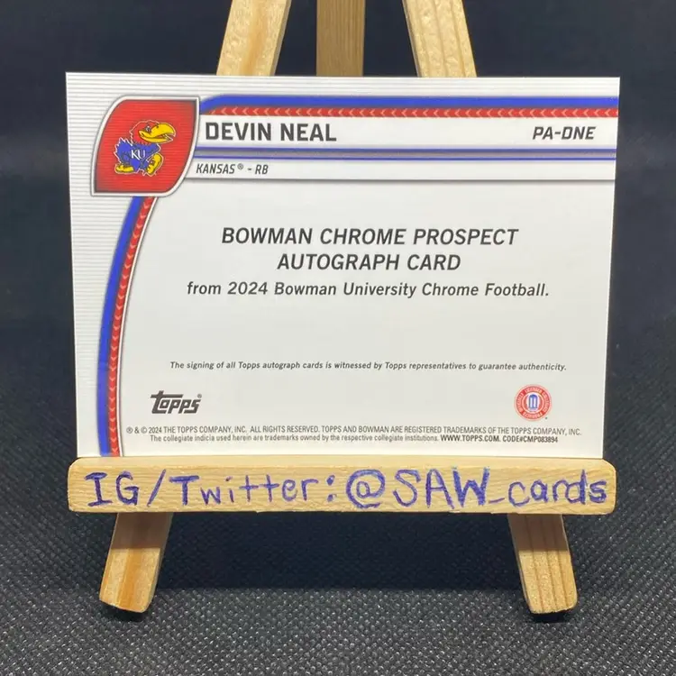 Devin Neal 2024 Bowman Chrome U Auto Kansas Jayhawks