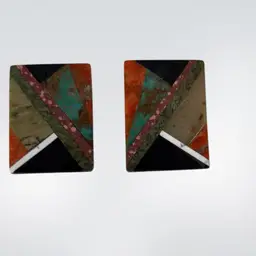 This is a pair of multi-color Stones inlay Pierced earrings. 1” X 1 1/4”