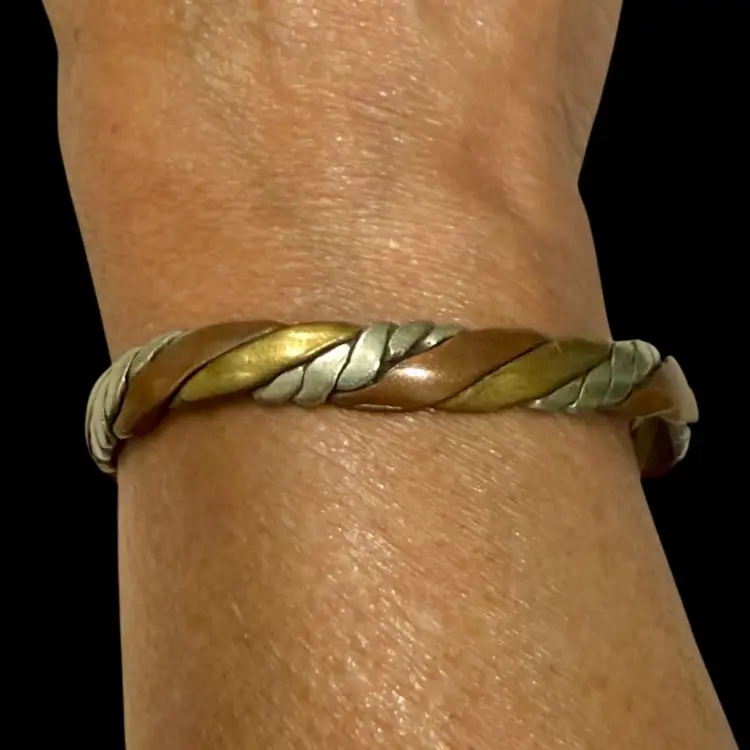 Vintage MCM Mixed Metal Brass, Copper Pewter Braided Twist Cuff Bracelet 2.5” Inner Diameter