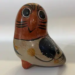 Tonala - Vintage Mexican Folk Art Ceramic Hand Painted Owl Bird - Footed- Vintage Figurine 5" x 4.75