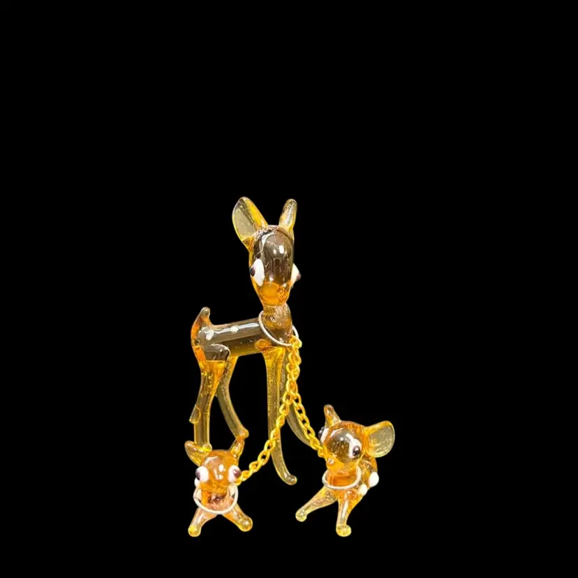 Mid Century Glass Lampwork-Amber MaMa Deer w/ 2 Fawns-w/ Collars & Chain