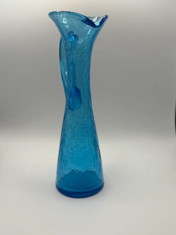 Vintage Blue Crackle Glass Pitcher with Applied Handle 8"