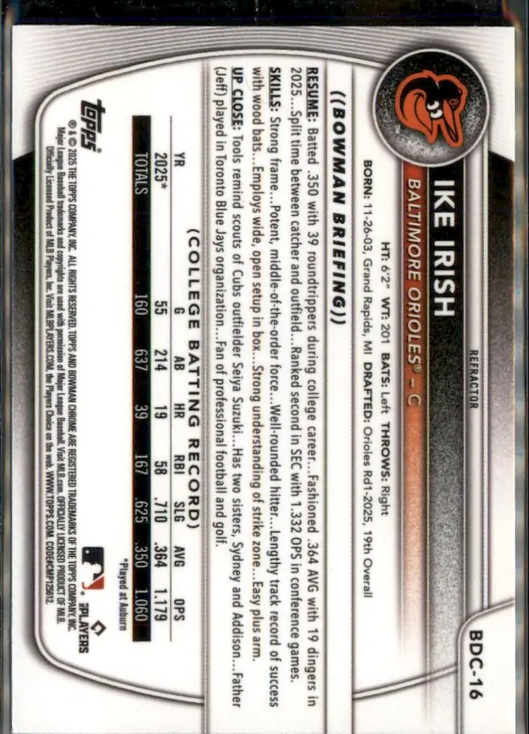 2025 Bowman Draft #BDC-16 Ike Irish Chrome Refractor - (138) - Baltimore Orioles