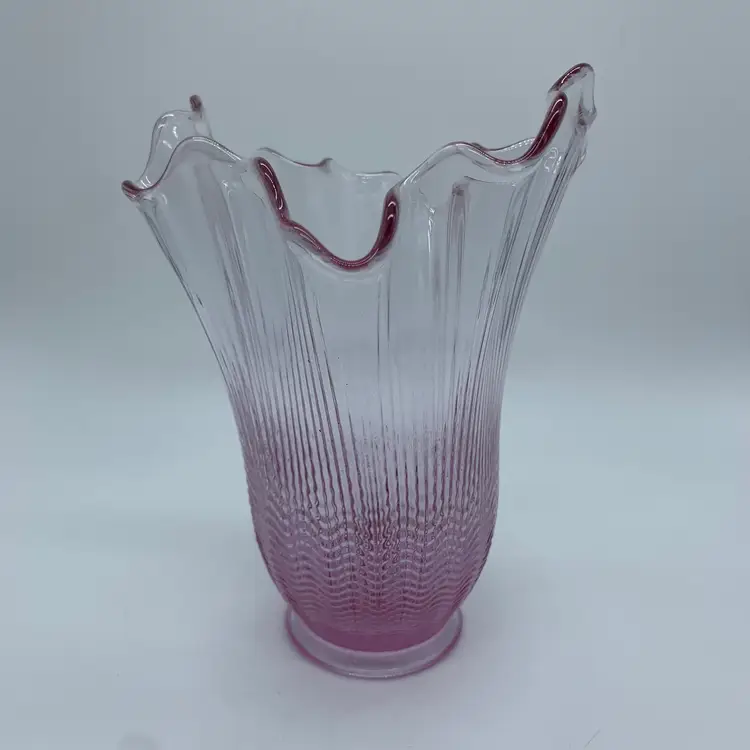 Vintage Fenton (?) Ribbed Ruffled Pink Cranberry Glass Vase 6 inch