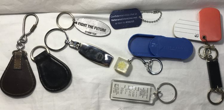 Miscellaneous key rings, lot of 10, plastic, metal, leather