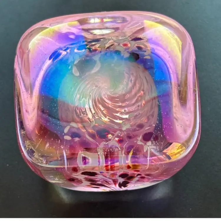 Vintage 1983 Glass Eye Studio MSH Iridescent Paperweight - Square Shape