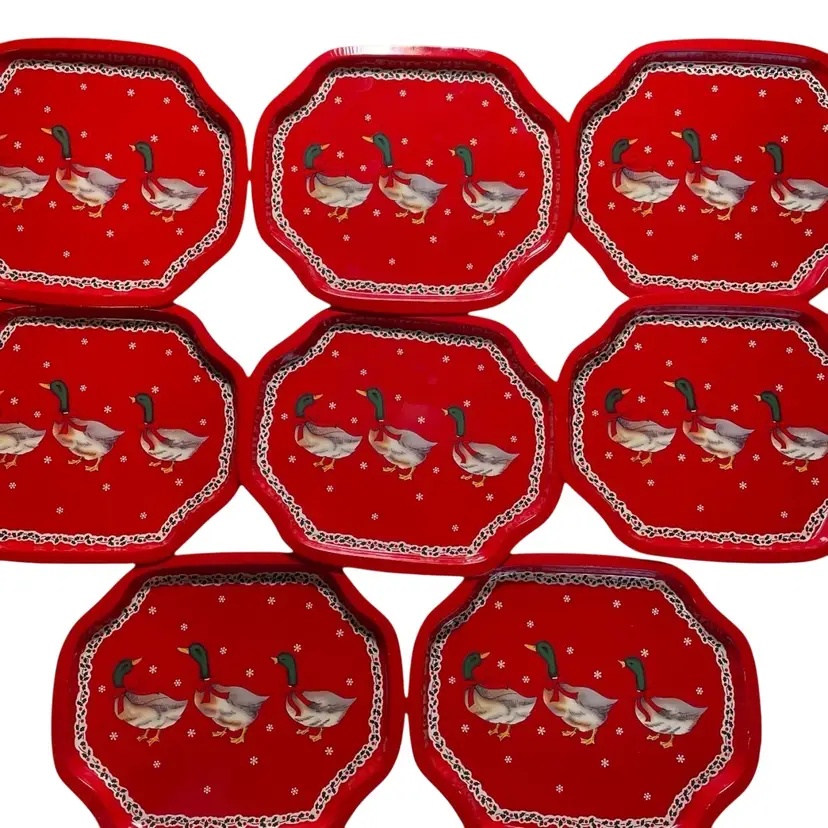 Christmas Ducks Vintage Set of 8 Small Metal Snack Trinket Cookie Trays in Red 7.5"x6.5"