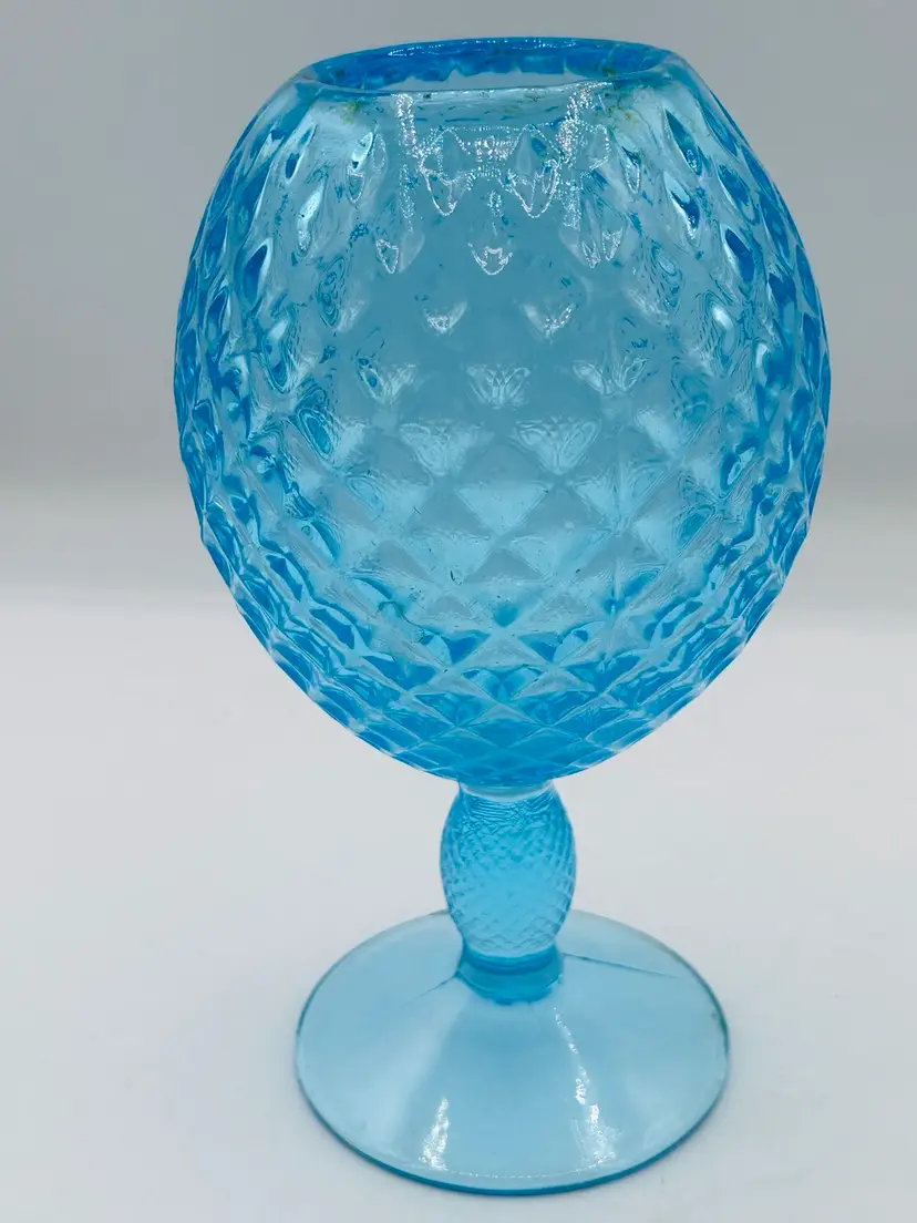 Vintage Blue Art Glass Optic Large Footed Vase 8”