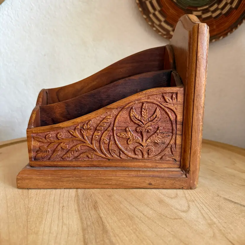 Vintage Desktop Wooden Mail/Bill Organizer Sorter Bookends Victorian Art Nouveau