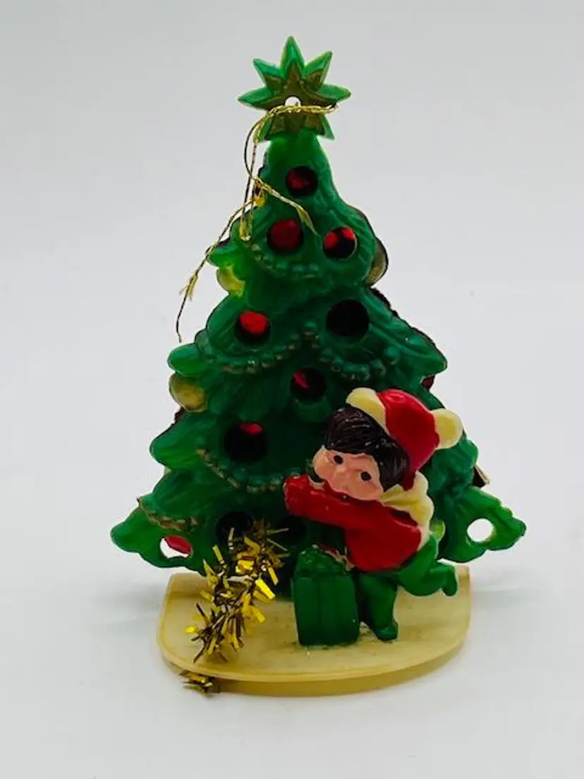 Vintage Plastic Christmas Tree and Little Boy Ornament 1960s