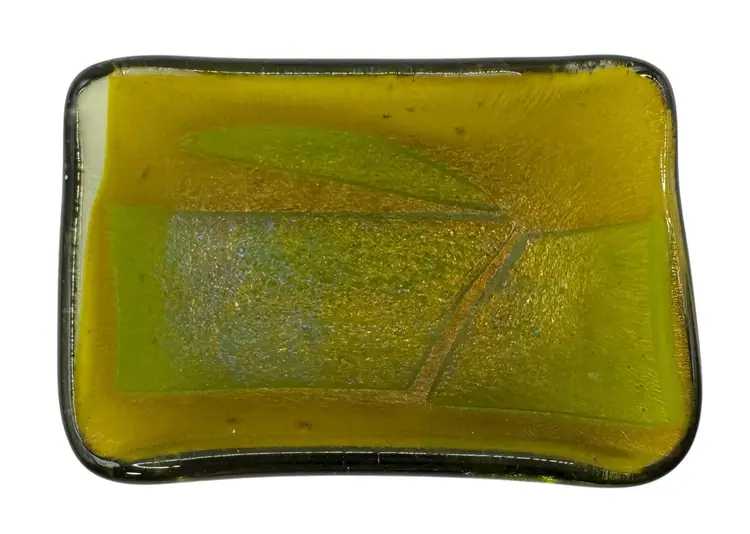 Studio Fused Art Glass Trinket Ring Condiment Dish Olive Green Iridescent Gold