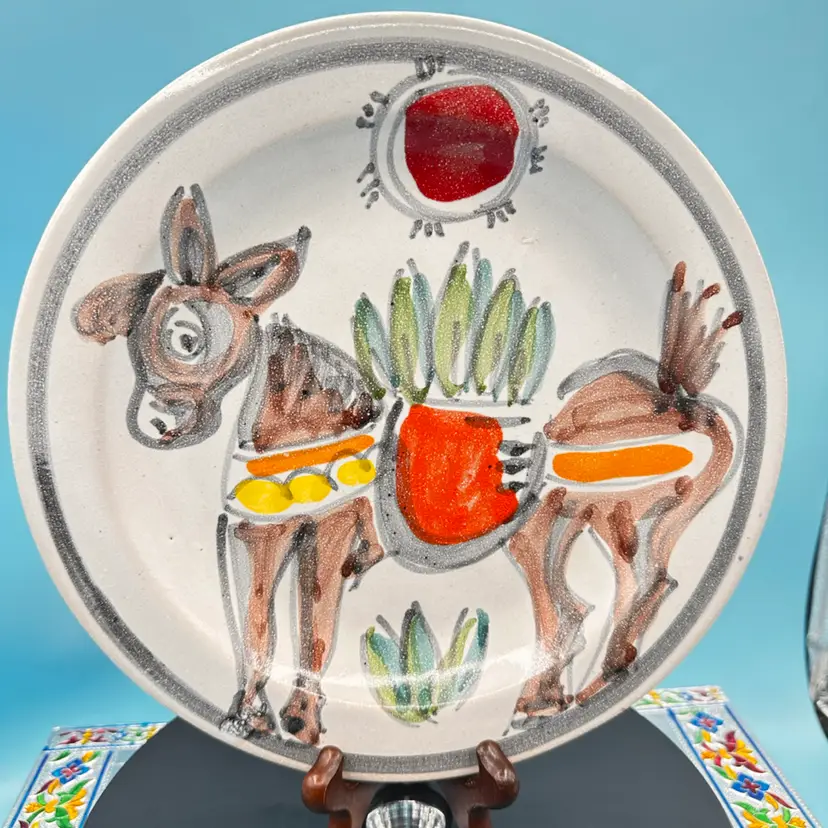 Rare and hard to find Giovanni De Simone, (MCM) hand-painted art pottery goat or donkey under a sun signed "Desimone Italy 65" plate.